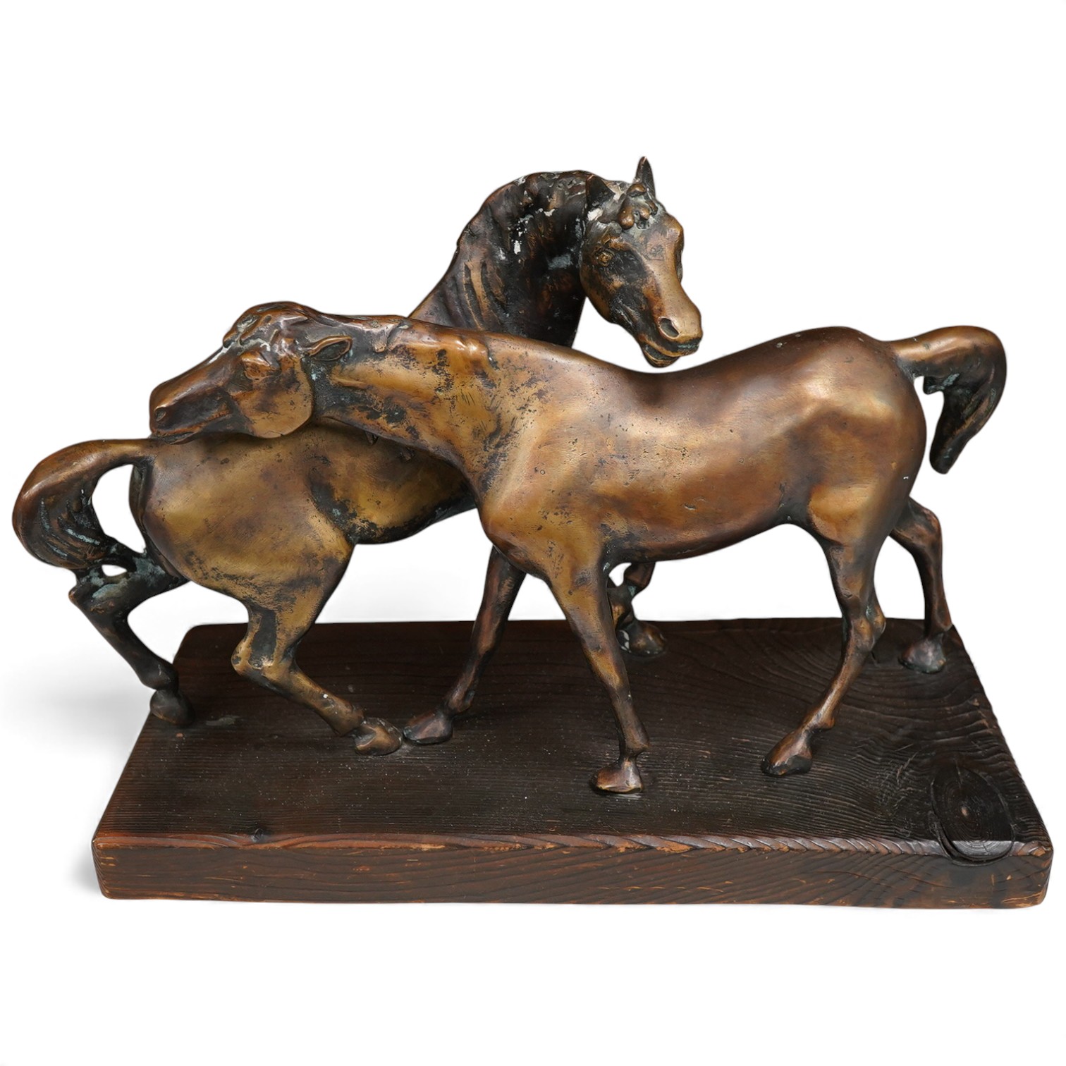 A Romanian bronze of two horses, 45cm wide